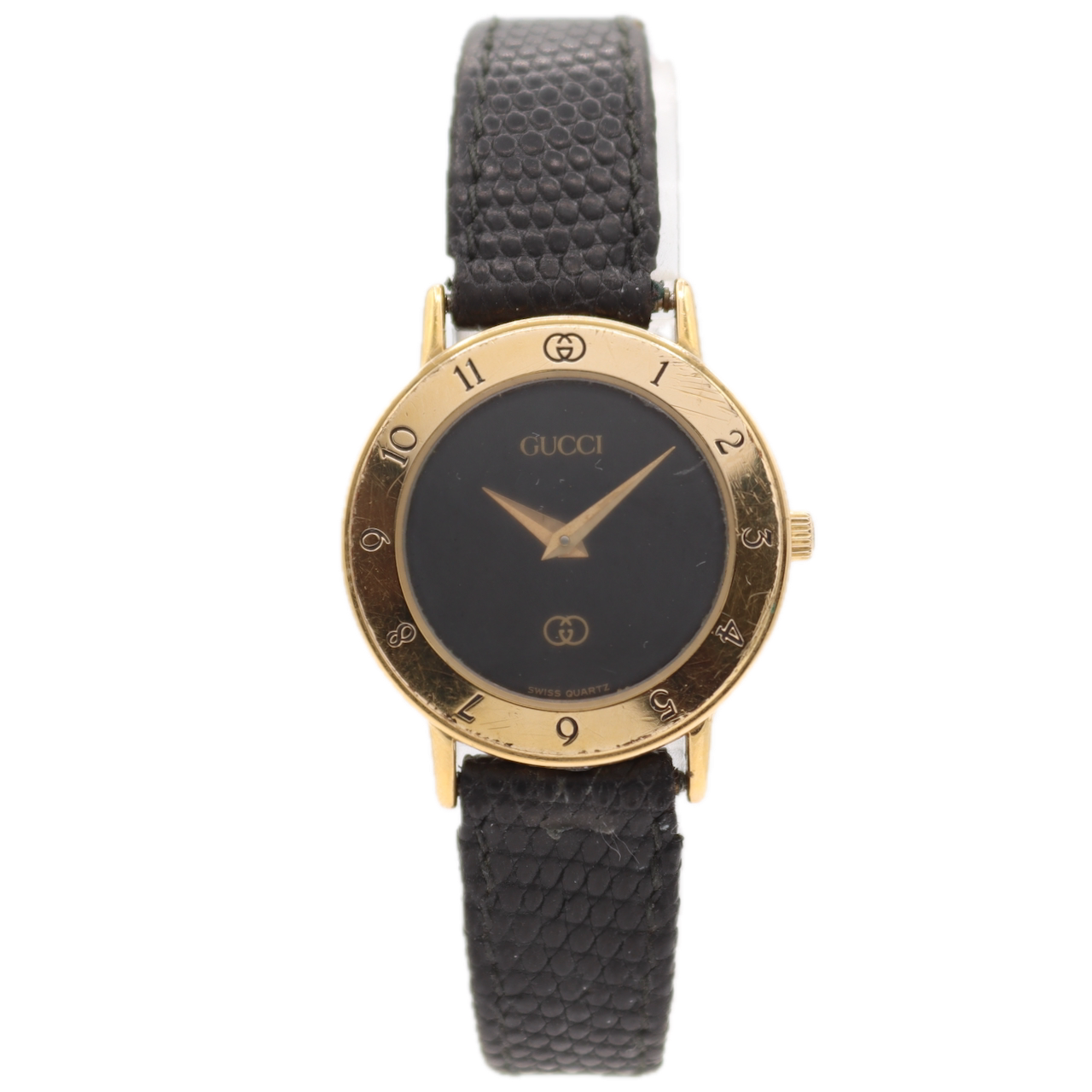 25.5mm Gucci Leather Strap Black Dial Ladies Quartz Wristwatch Swiss Gold Tone