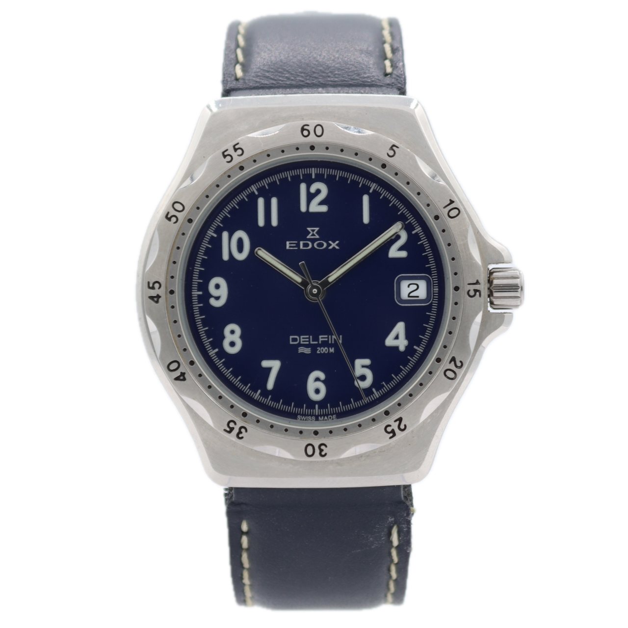 37mm Edox 70080 Delfin 200M Date Men's Quartz Wristwatch Swiss Steel Blue Dial