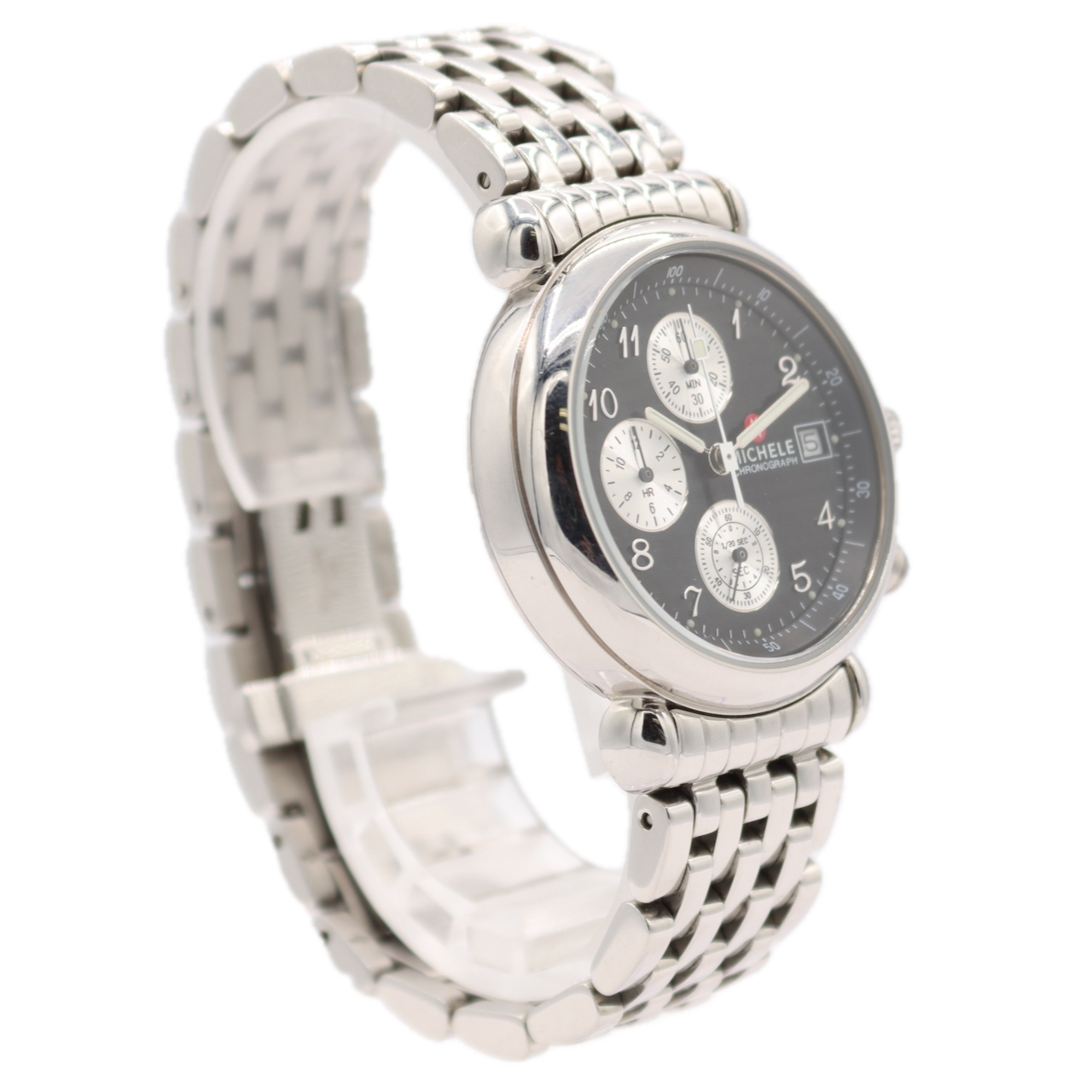 36mm Michele 71-500-C Sport Ladies Quartz Chronograph Wristwatch Steel W/ Box
