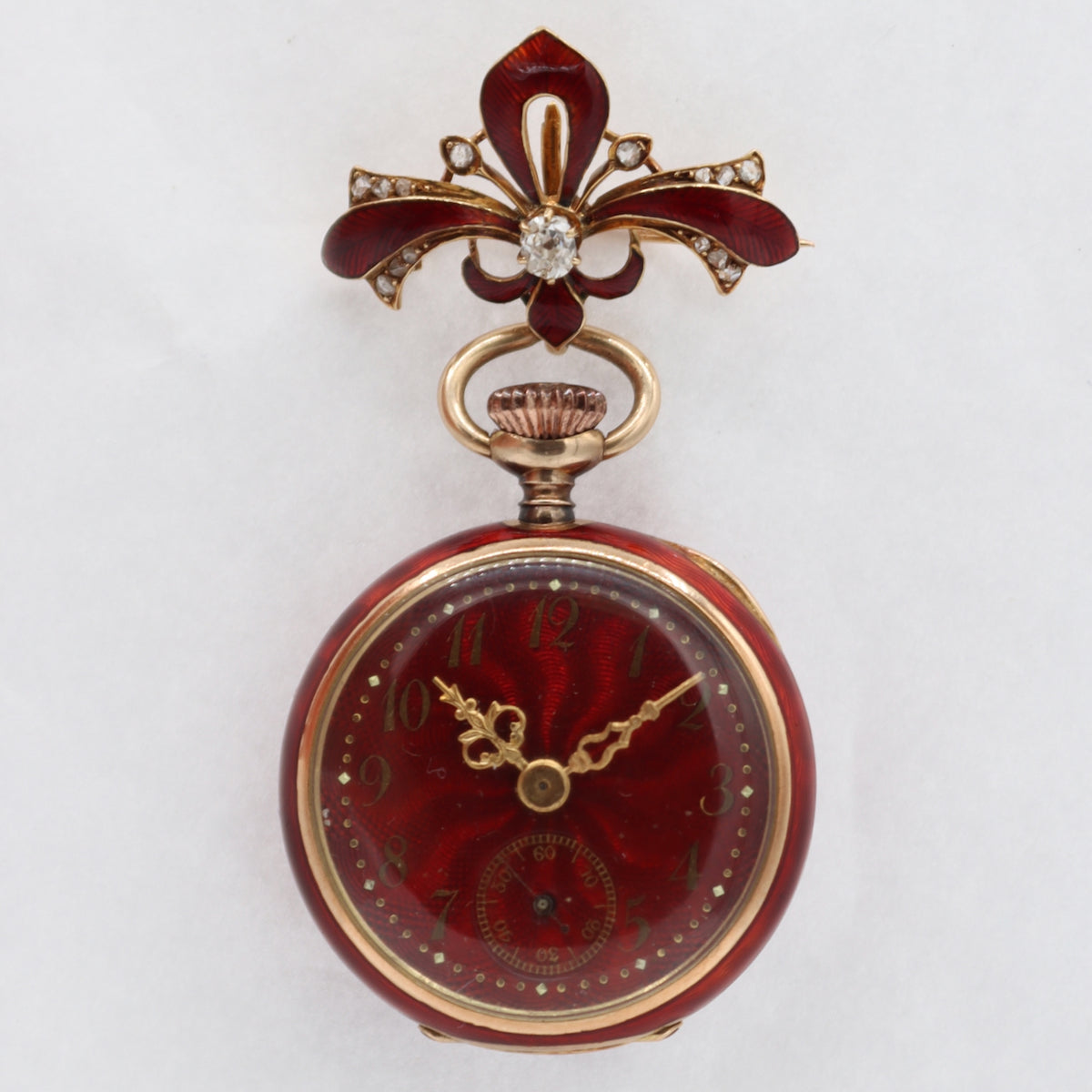 Vintage Red Enamel w Mine Cut Diamonds Mechanical Pendant Watch 14k GoldUnbranded Red Enamel w Mine Cut Diamonds