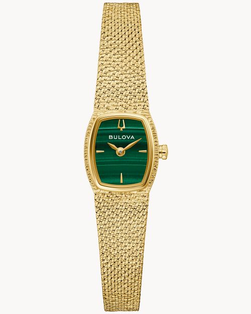 17mm Bulova 97L184 Goddess of Time Malachite Ladies Quartz Wristwatch Green/Gold