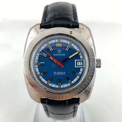 Vintage Rodania 25 Jewel Mens Automatic Wristwatch AS 1913 Steel Blue Dial Diver