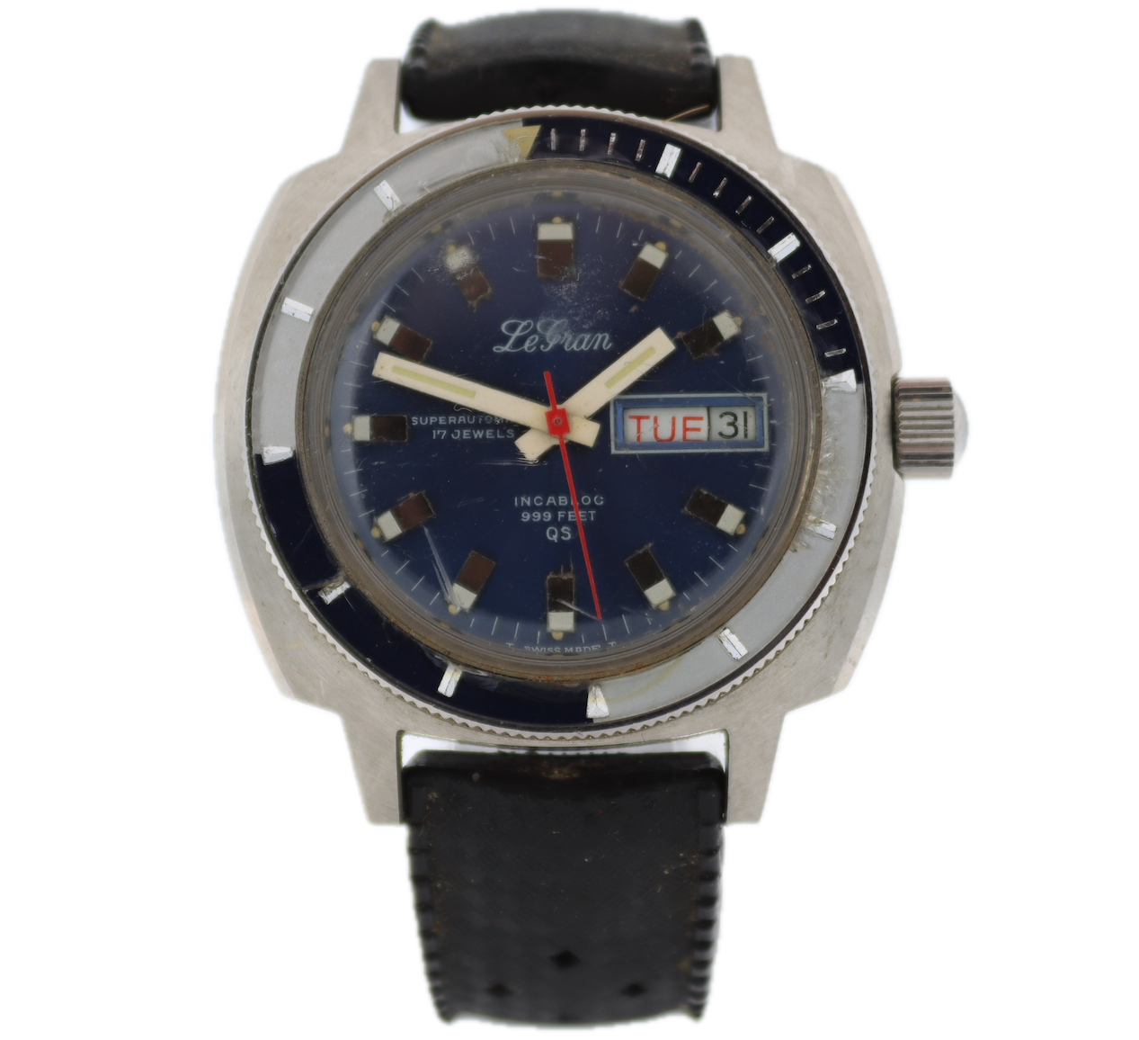 Vintage LeGran 3242 QS Blue Burst Day Date Men's Super Automatic Wristwatch