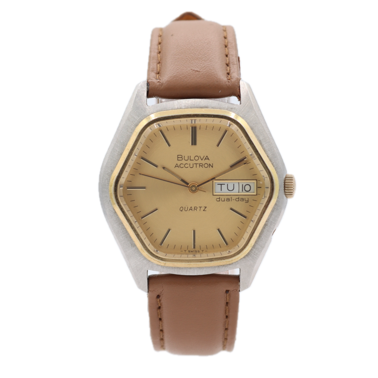 Vintage 1977 Bulova Accutron 954 Dual Day Men's Quartz Wristwatch Swiss Two Tone