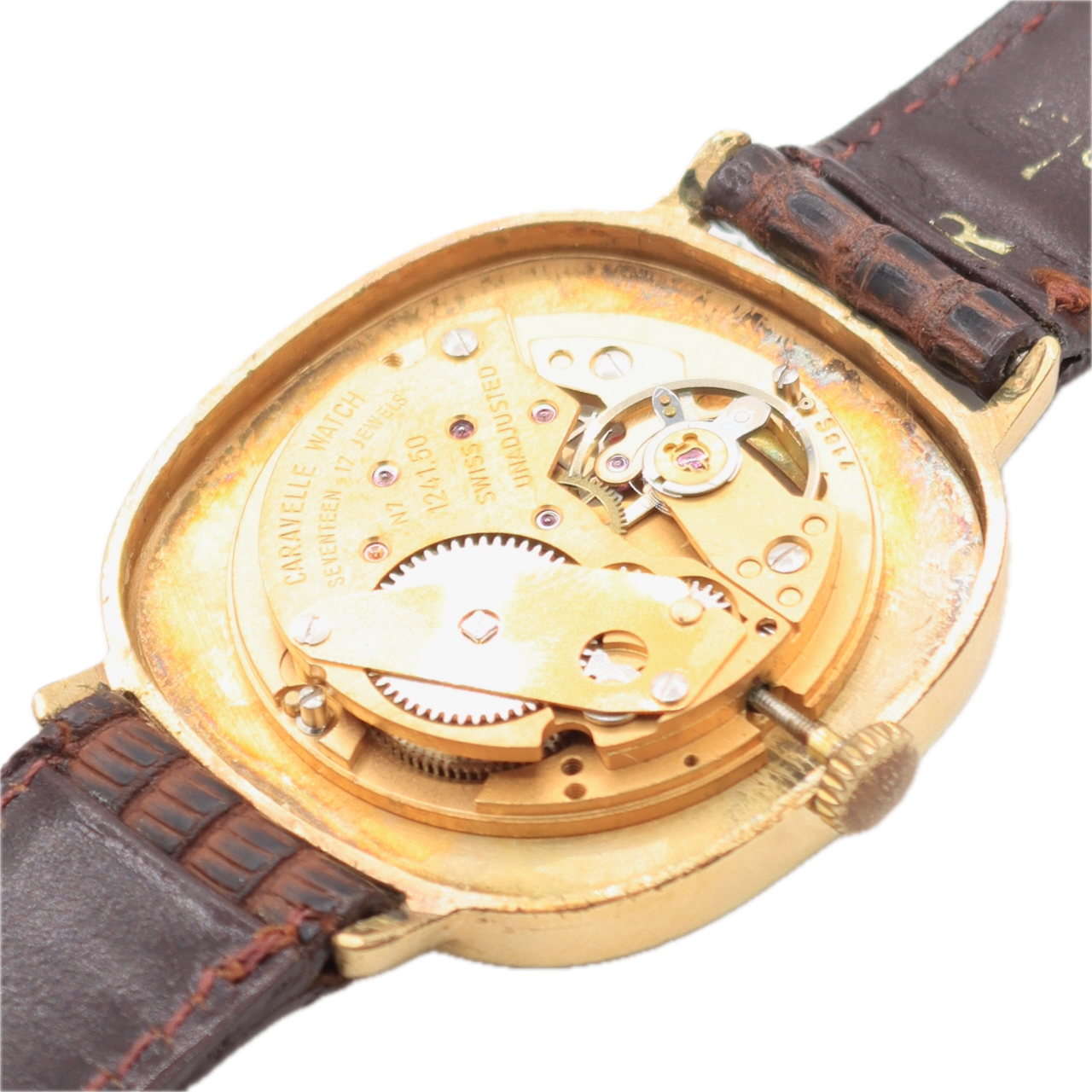 Vintage Caravelle Skeleton Dial Men's Mechanical Wristwatch Swiss Gold Tone 3