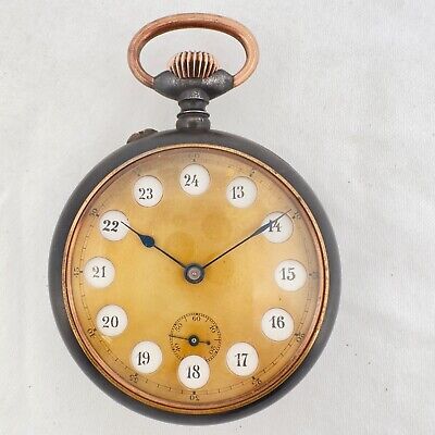 Antique Airflight Style Jump Dial 24 Hour Pocket Watch Gun Metal Swiss Rare