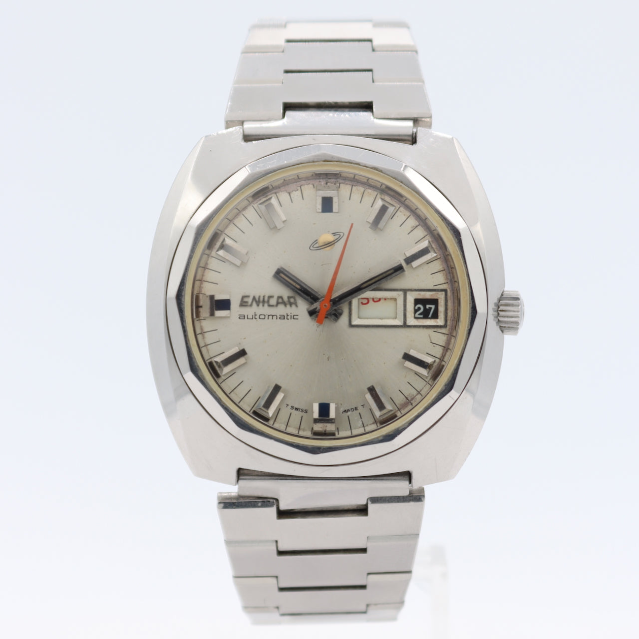 Vintage 39mm Enicar Ocean Pearl Men's Automatic Wristwatch Swiss Steel Day Date