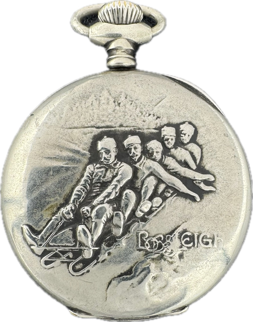 Antique Dietrich Gruen Holy Freres Repousse Bobsleigh Case Pocket Watch Nickel