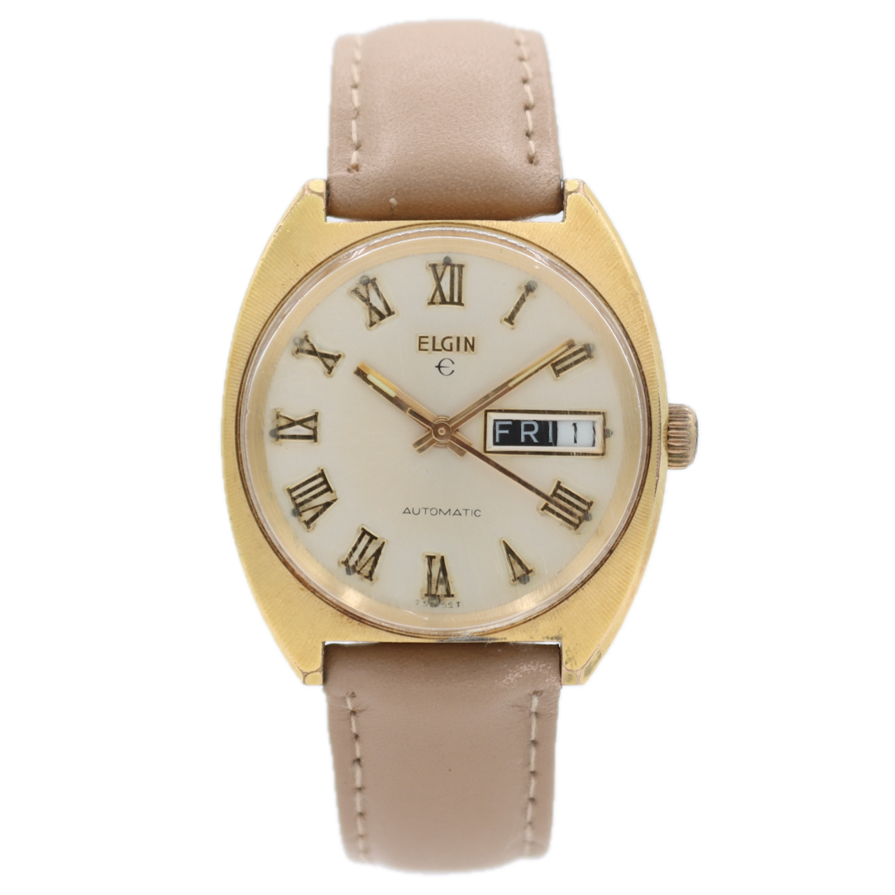 Vintage 34mm Elgin Roman Day Date Men's Automatic Wristwatch Swiss Gold Tone