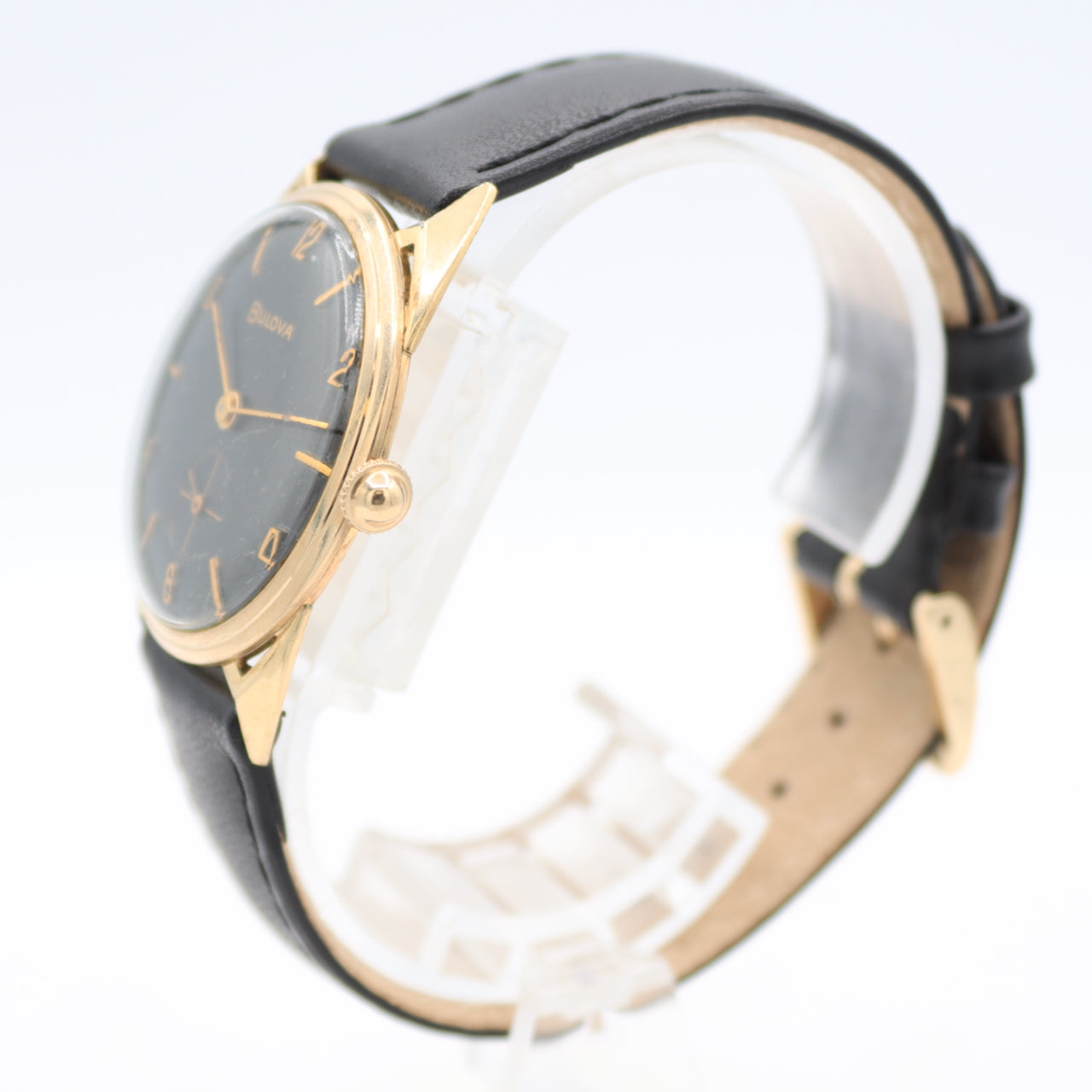 Vintage 32mm Bulova Black Dial Hollow Lug Men's Mechanical Wristwatch 10k RGP