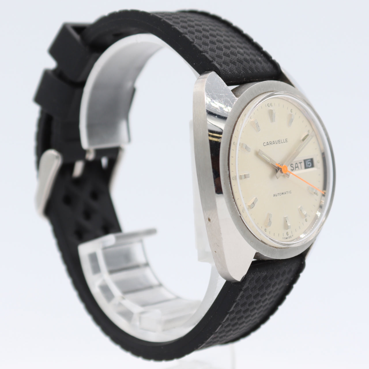 Vintage 1970 Caravelle Cream Dial Men's Automatic Wristwatch Steel Day Date