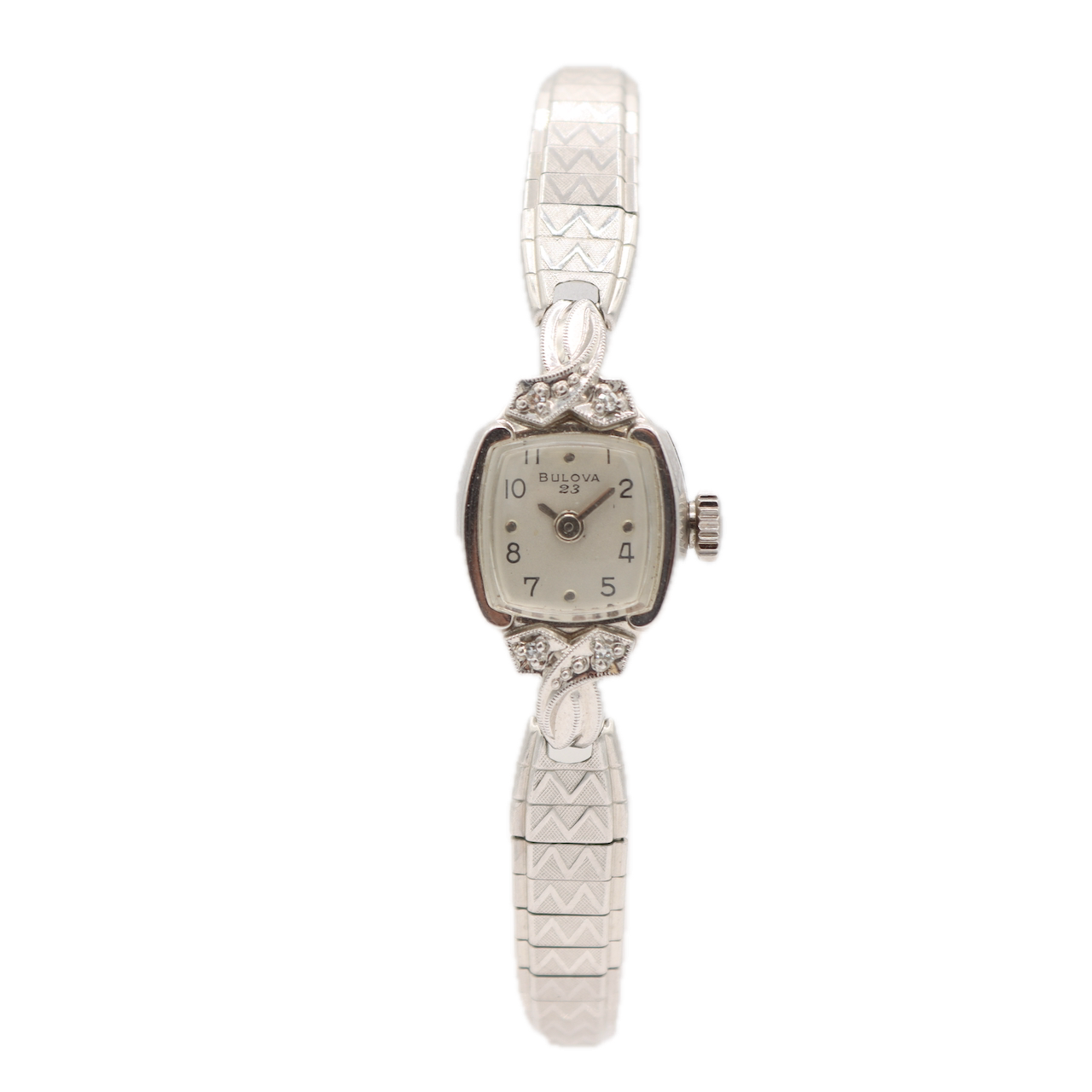 Vintage 1965 Bulova Diamonds 23JLadies Mechanical Wristwatch 5AT 10k White RGP