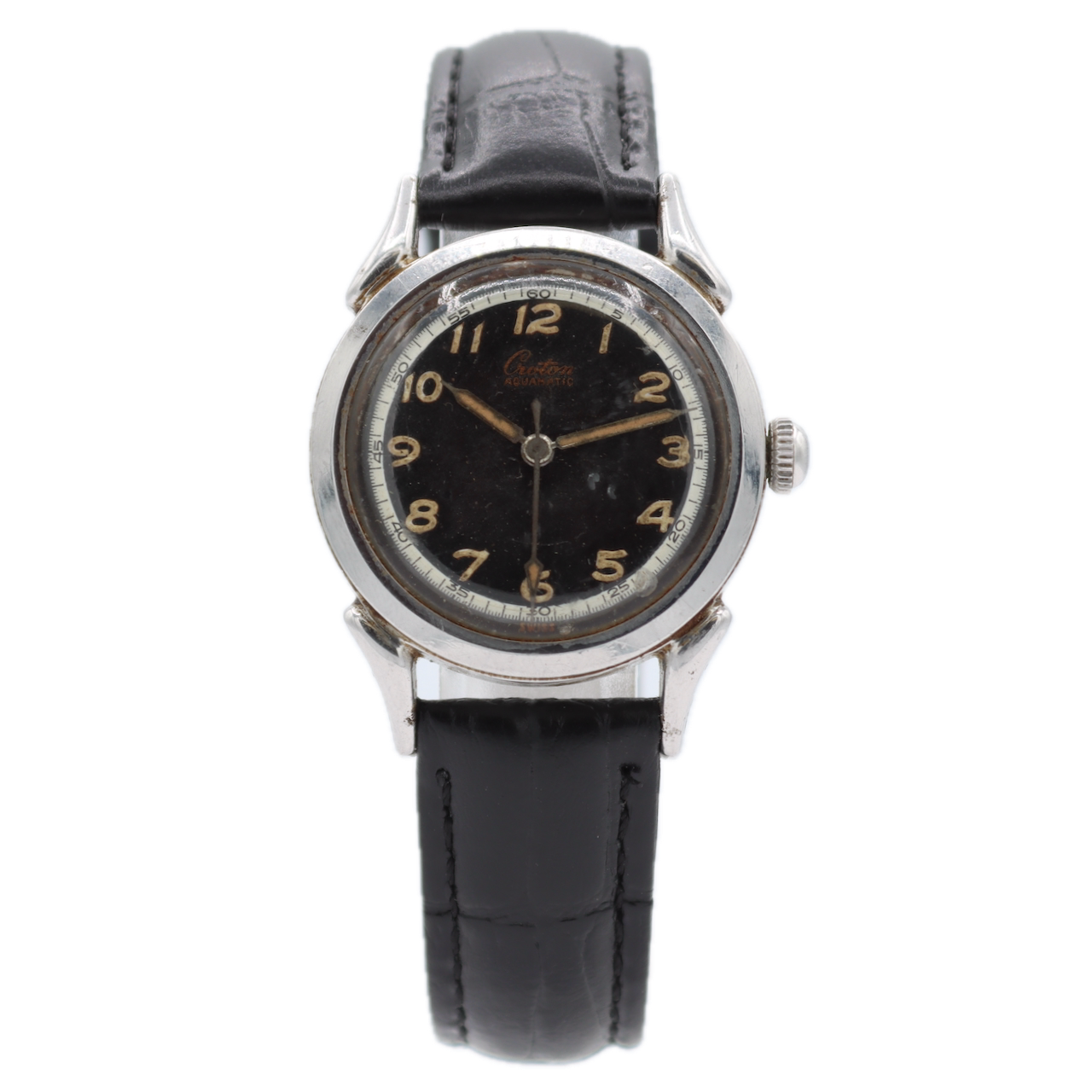 Vintage 30mm Croton Aquamatic Black Dial Men's Automatic Wristwatch Swiss Steel