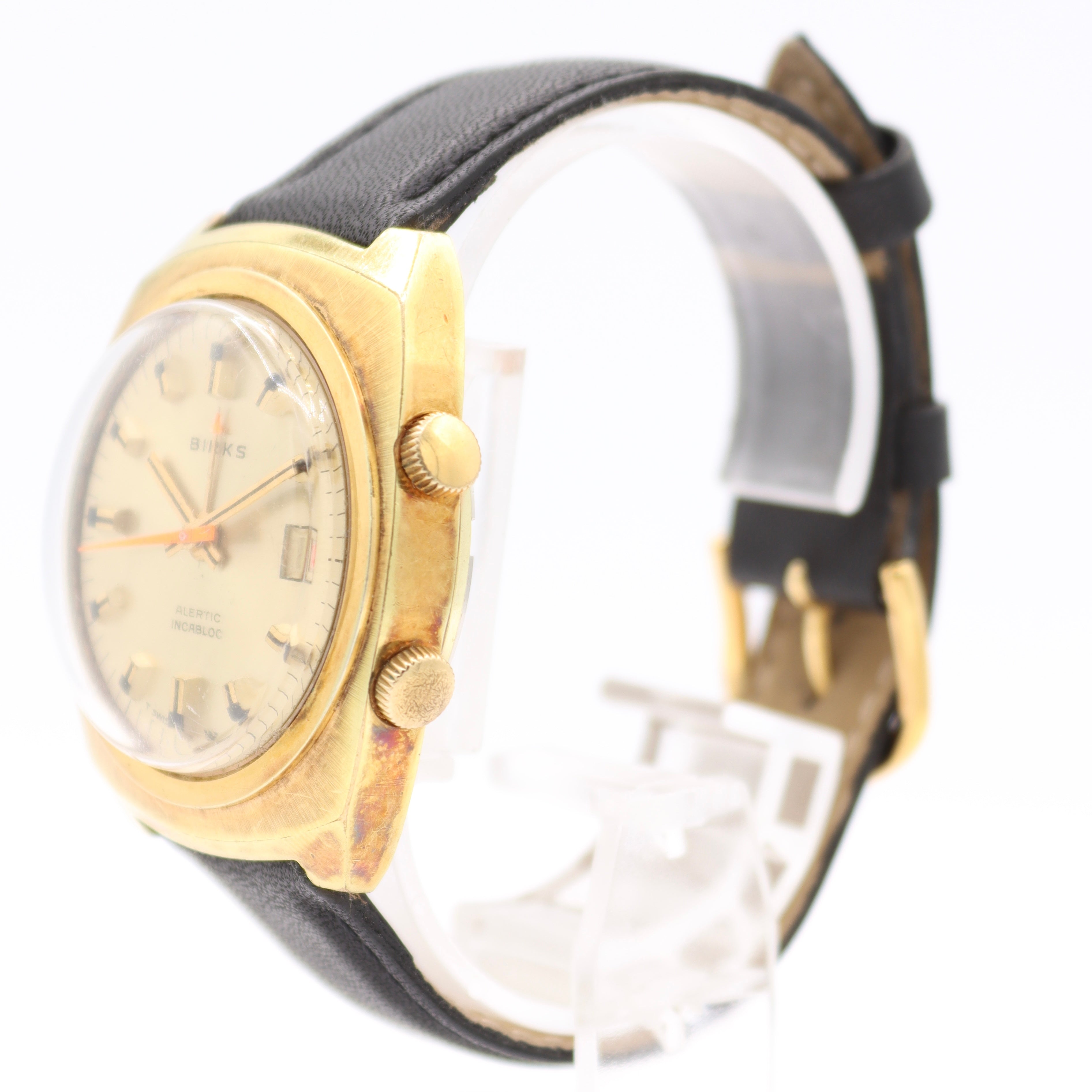 Vintage 36mm Birks Alertic Men's Mechanical Alarm Wristwatch AS 1475 Gold Tone