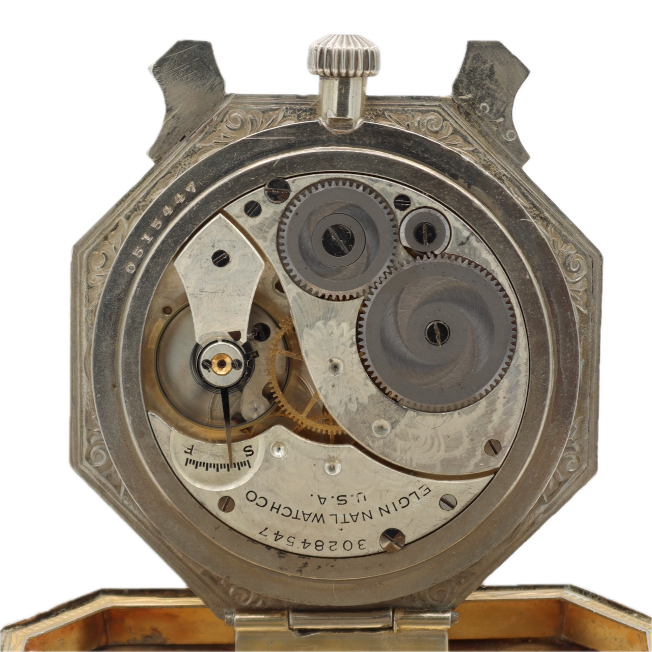 Antique 1928 Elgin Mechanical Travel Clock 303 Spartan Case Sterling Silver
