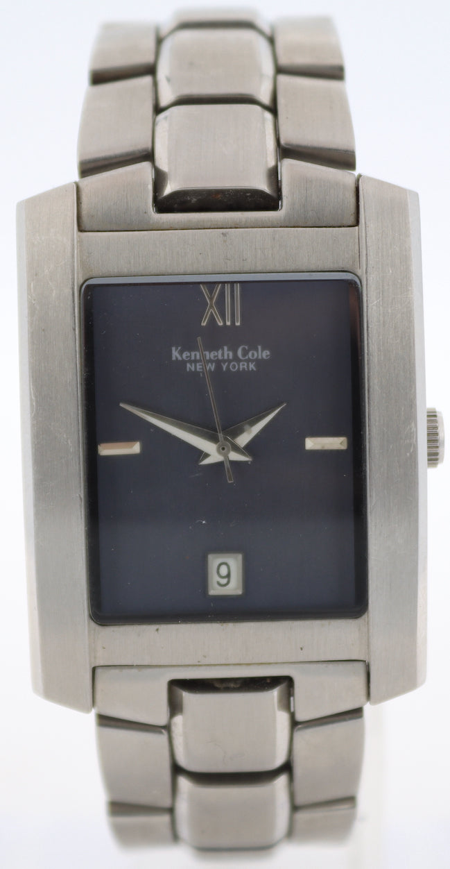 Vintage Kenneth Cole KC 3194 Blue Brushed Tank Men's Quartz Wristwatch Steel