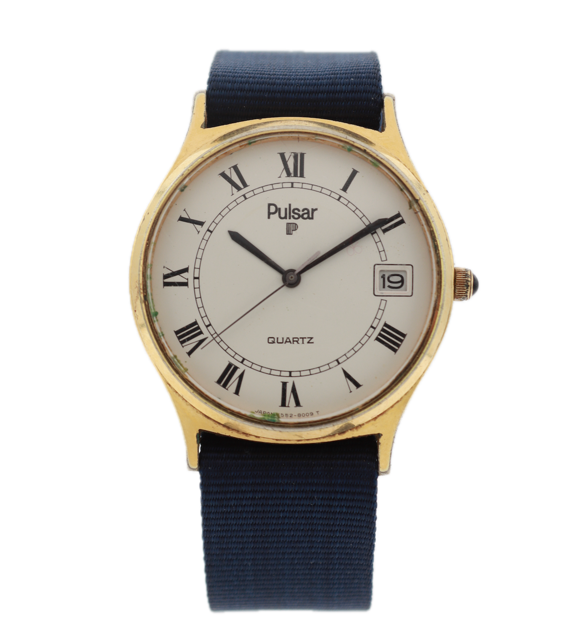 Vintage Pulsar Y552-8009 Roman Dial Date Men's Quartz Wristwatch Japan Gold Tone