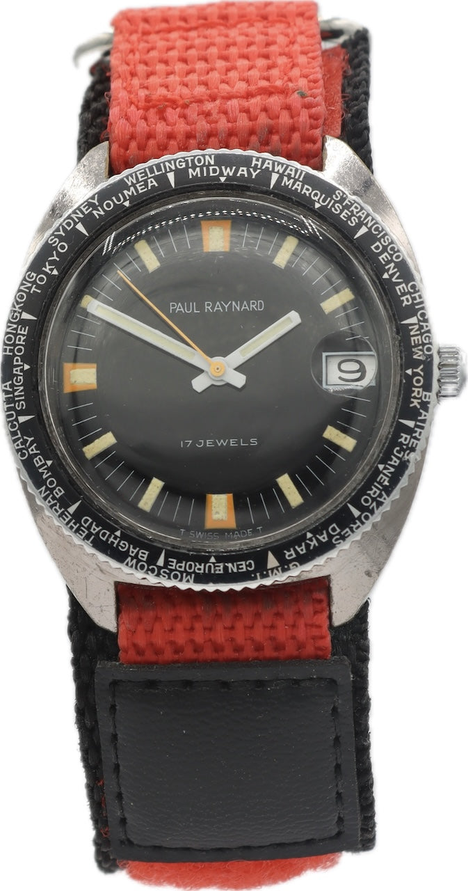 Vintage 36mm Paul Raynard Skin Diver World Time Men's Mechanical Wristwatch