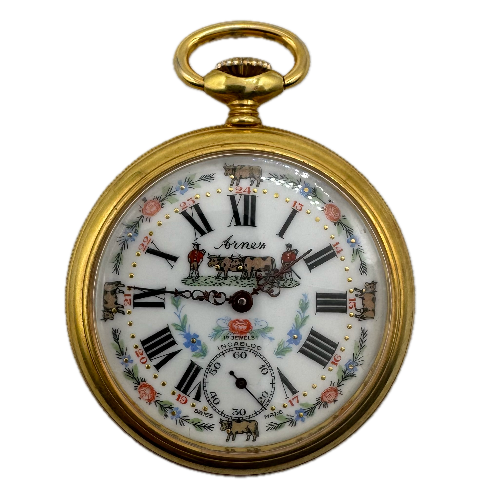 Arnex Time Co. Incabloc Cattle & Flower Painted Enamel