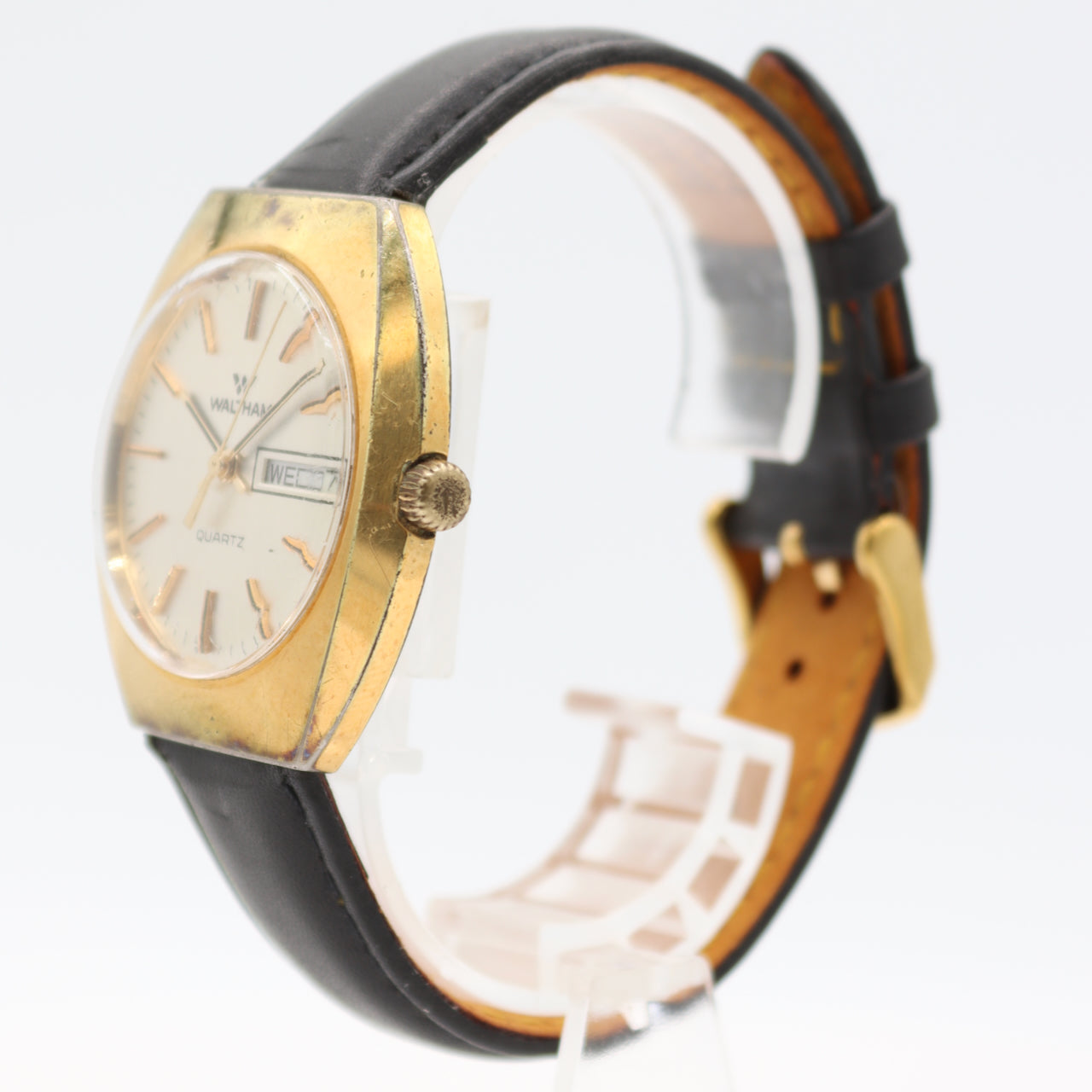 Vintage 36.5mm Waltham Day Date Silver Dial Men's Quartz Wristwatch Gold Tone