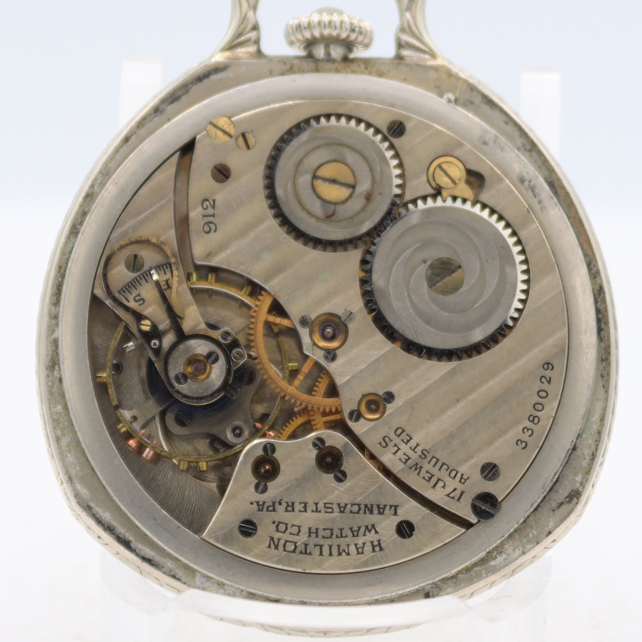 Antique 12s 1933 Hamilton Cushion Case 17 Jewel Pocket Watch 912 14k White GF