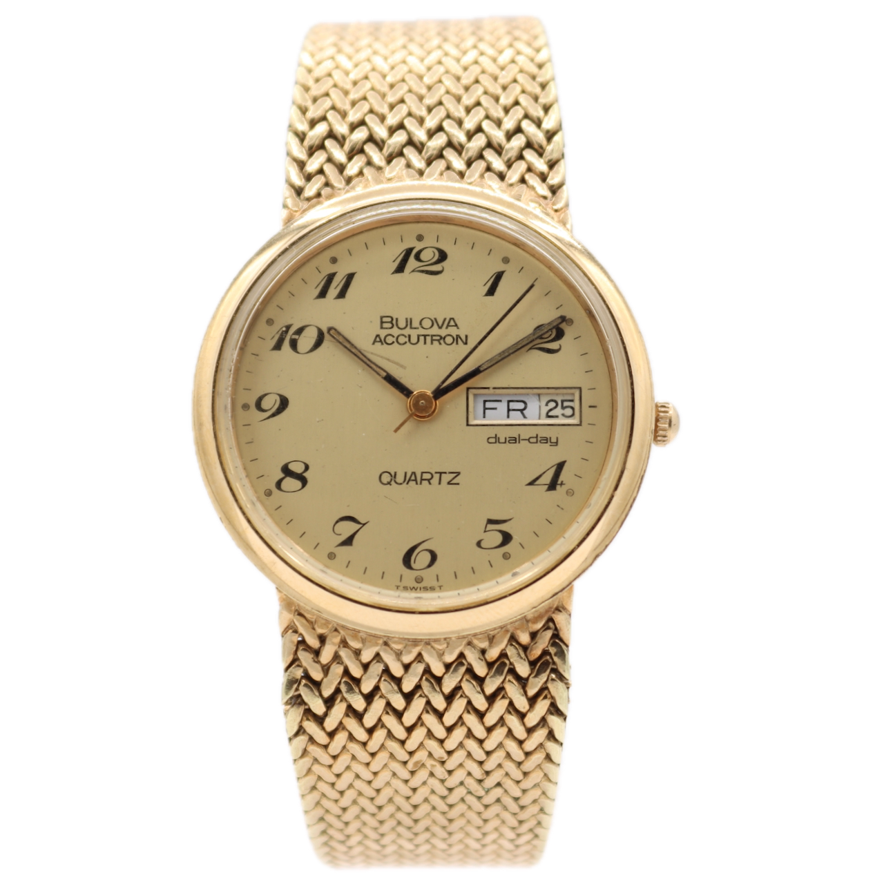 34mm 1979 Bulova Accutron Dual Day Men's Quartz Wristwatch 10k RGP Gold Dial