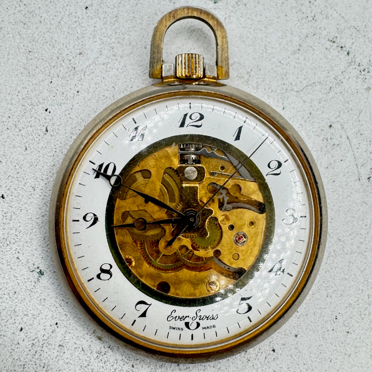 Antique Ever Swiss Skeletonized Mechanical Pocket Watch Gold Tone Swiss