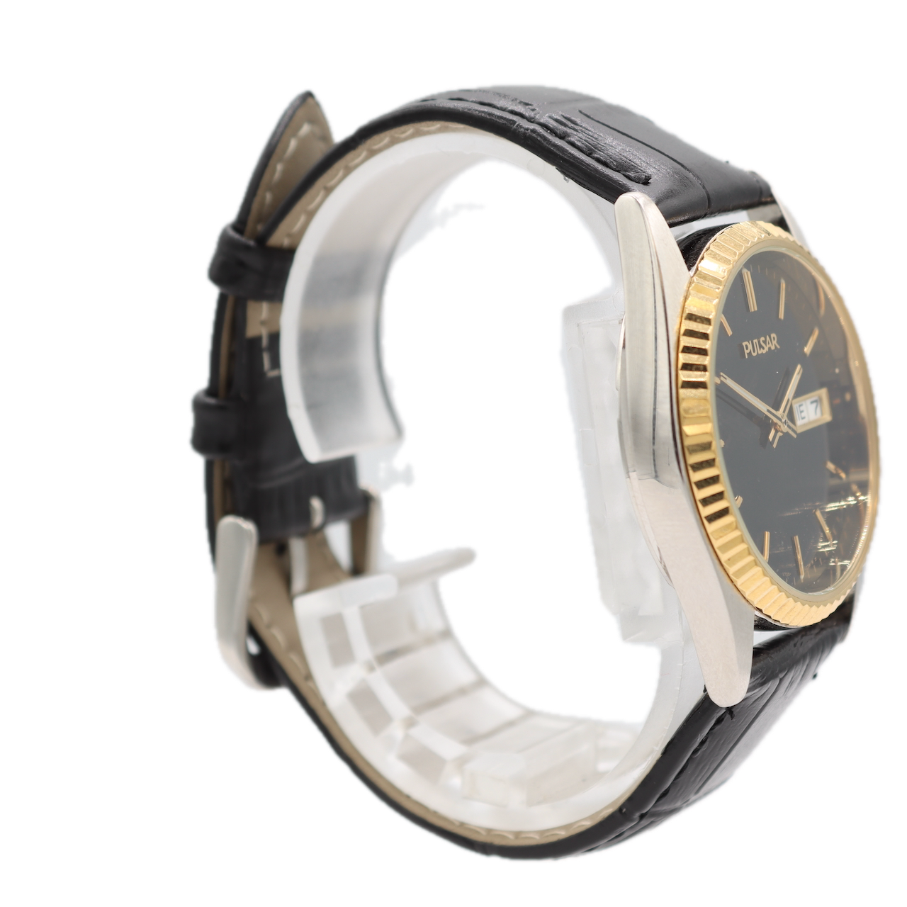 Vintage Pulsar V733-X066 Fluted Black Dial Men's Quartz Wristwatch Gold Tone