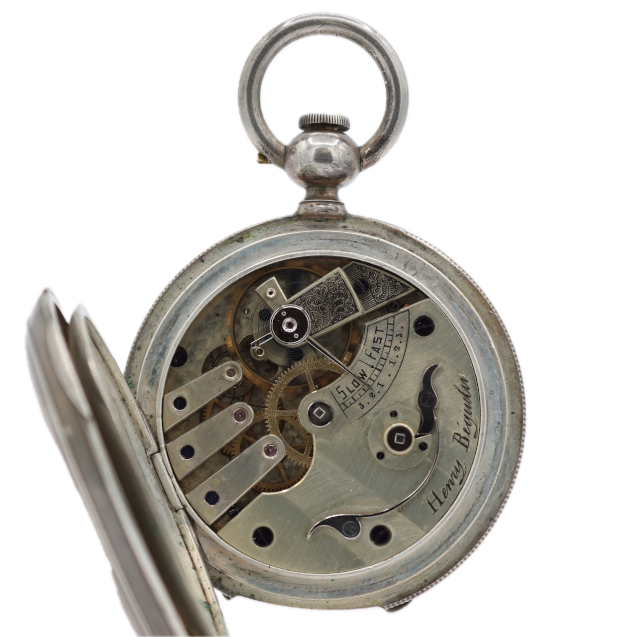 Antique Henry Beguelin Straight Line Key Wind Hunter Pocket Watch Silver Swiss