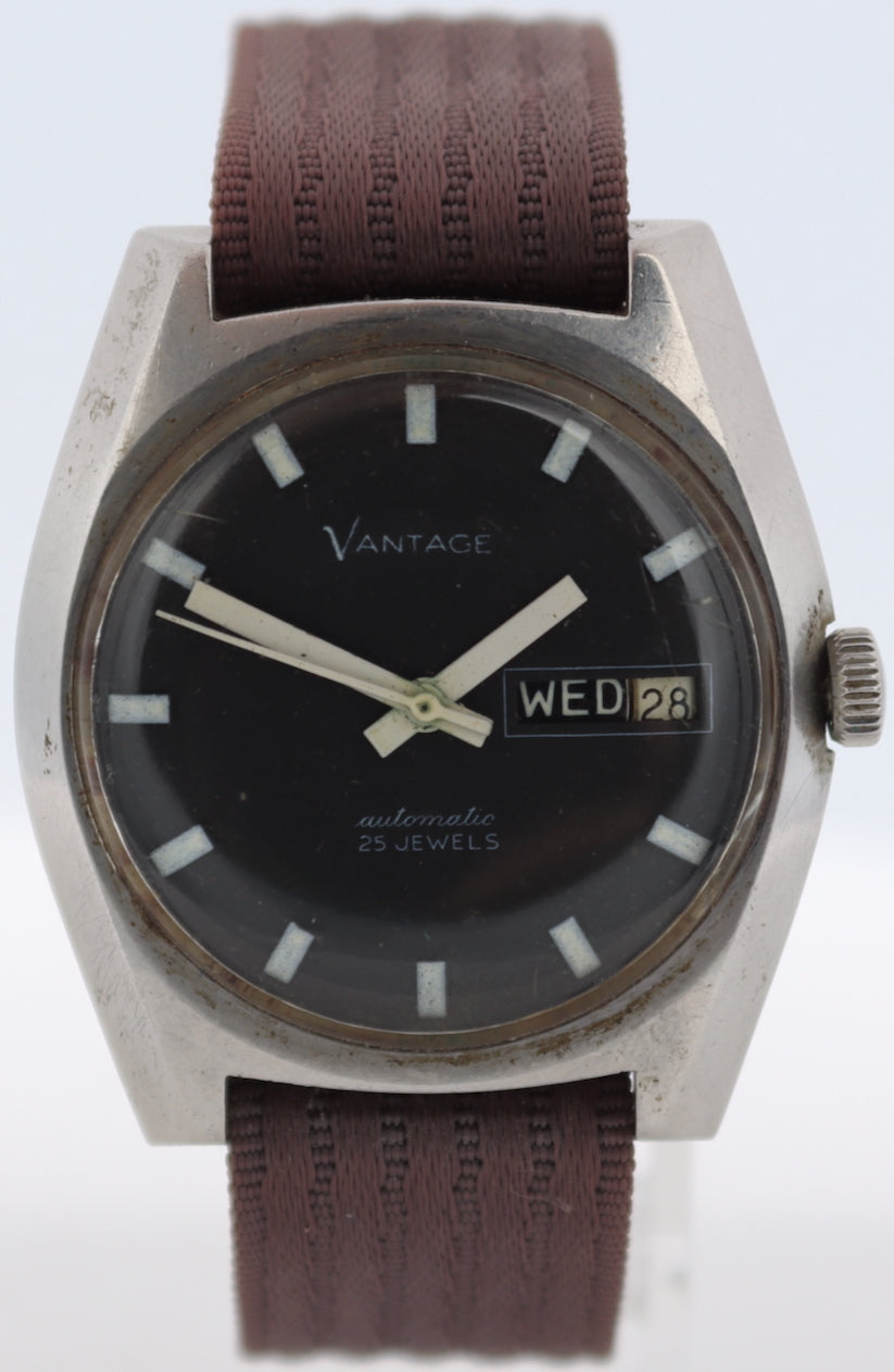 Vintage Vantage Black Day Date Men's Automatic Wristwatch USA Stainless Steel