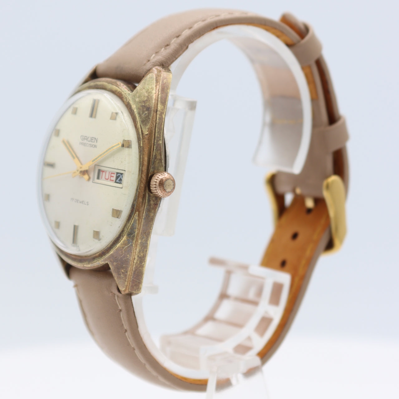 Vintage 36mm Gruen 510 CD Day Date Men's Mechanical Wristwatch 512 CD Gold Tone