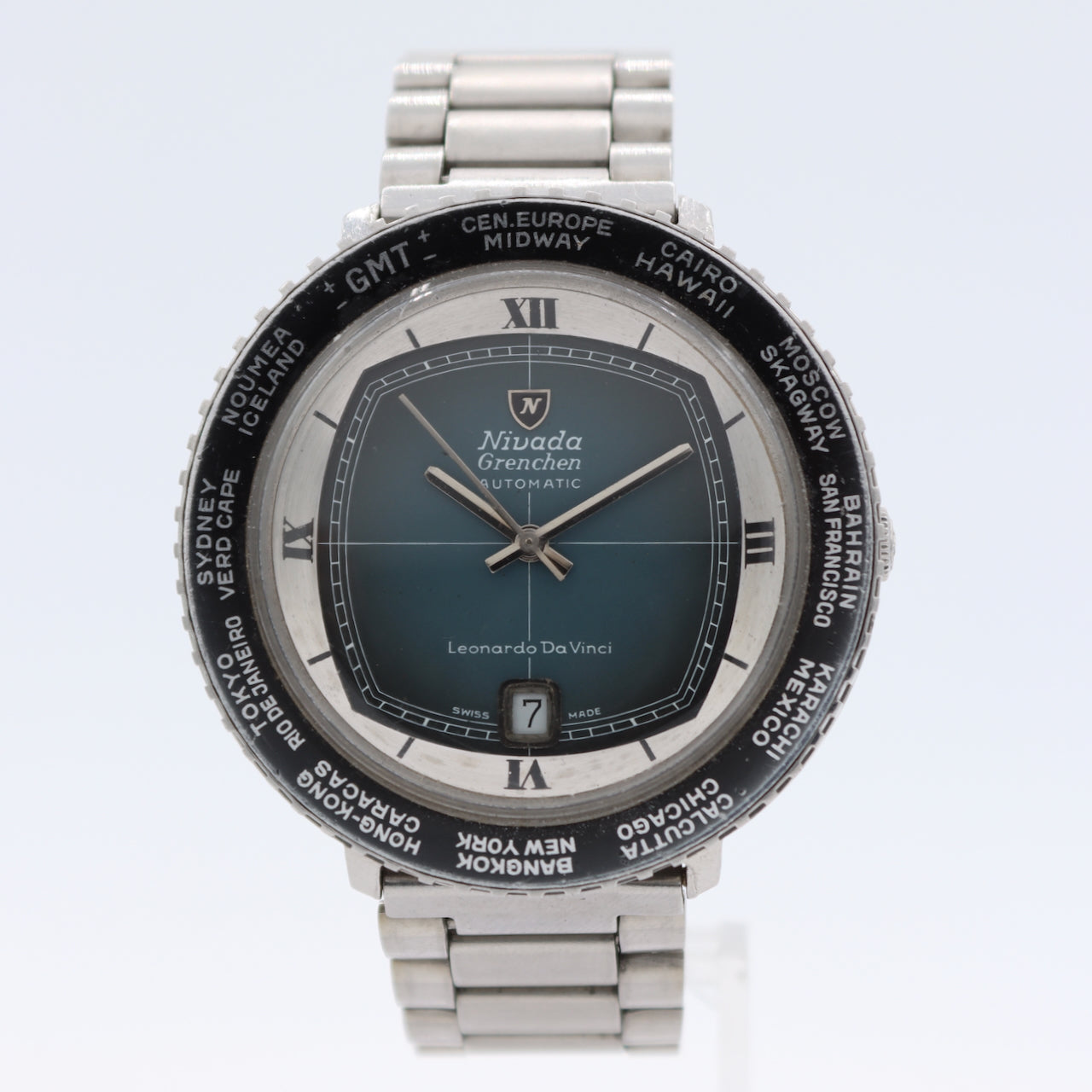 Vintage Nivada Leonardo Da Vinci World Time Men's Automatic Wristwatch Steel