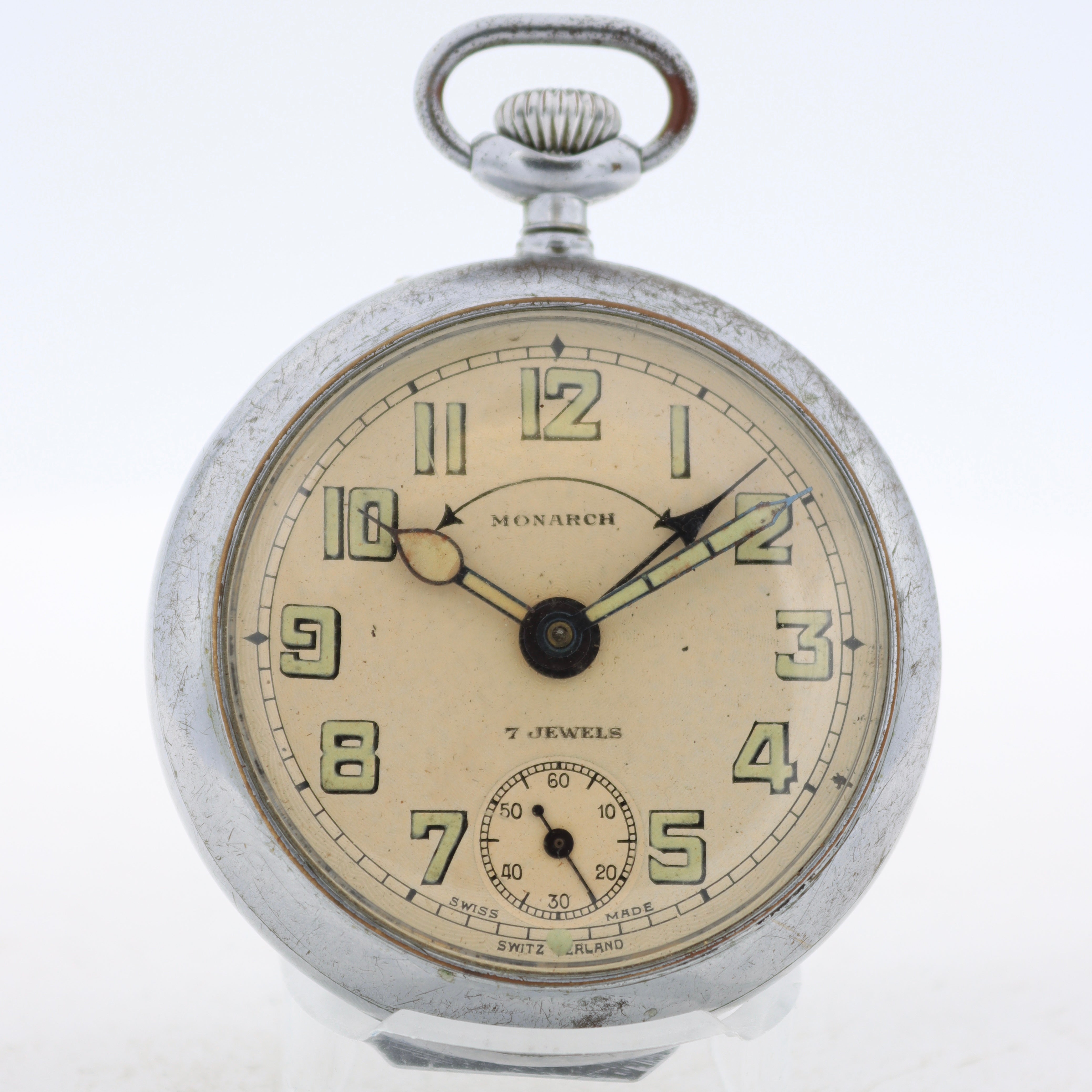 Antique 16s Monarch 7 Jewel Mechanical Alarm Pocket Watch Swiss Made Running