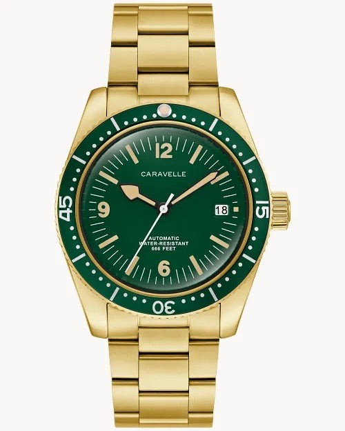39mm Bulova 44B128 Sea Hunter Gold & Green Men's Automatic Wristwatch Gold Tone