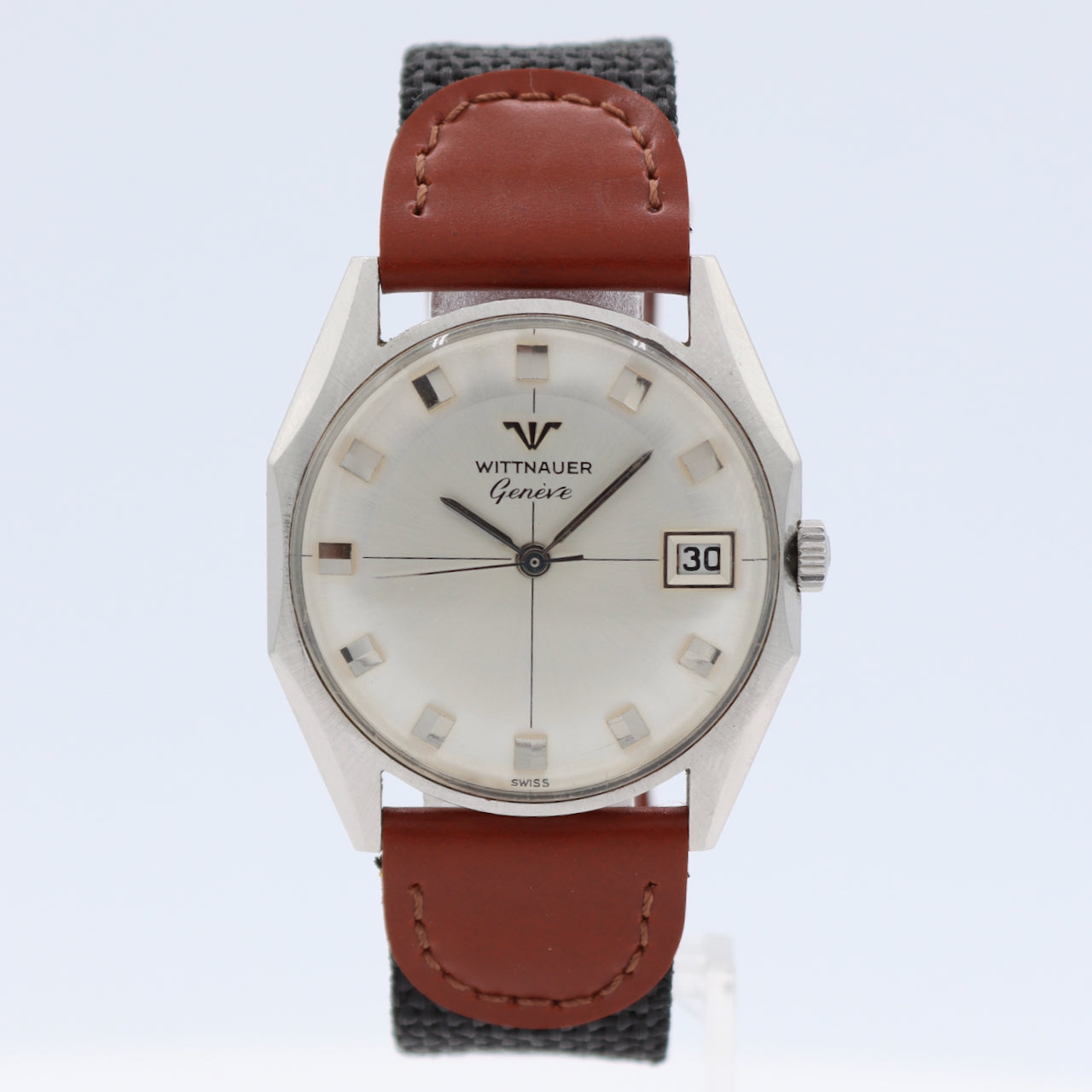 33mm Wittnauer Sunburst Date Men's Wristwatch Swiss Stainless Steel Silver Dial