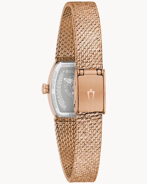 17mm Bulova 97L185 Goddess of Time Rose Gold Ladies Quartz Wristwatch Tigers Eye
