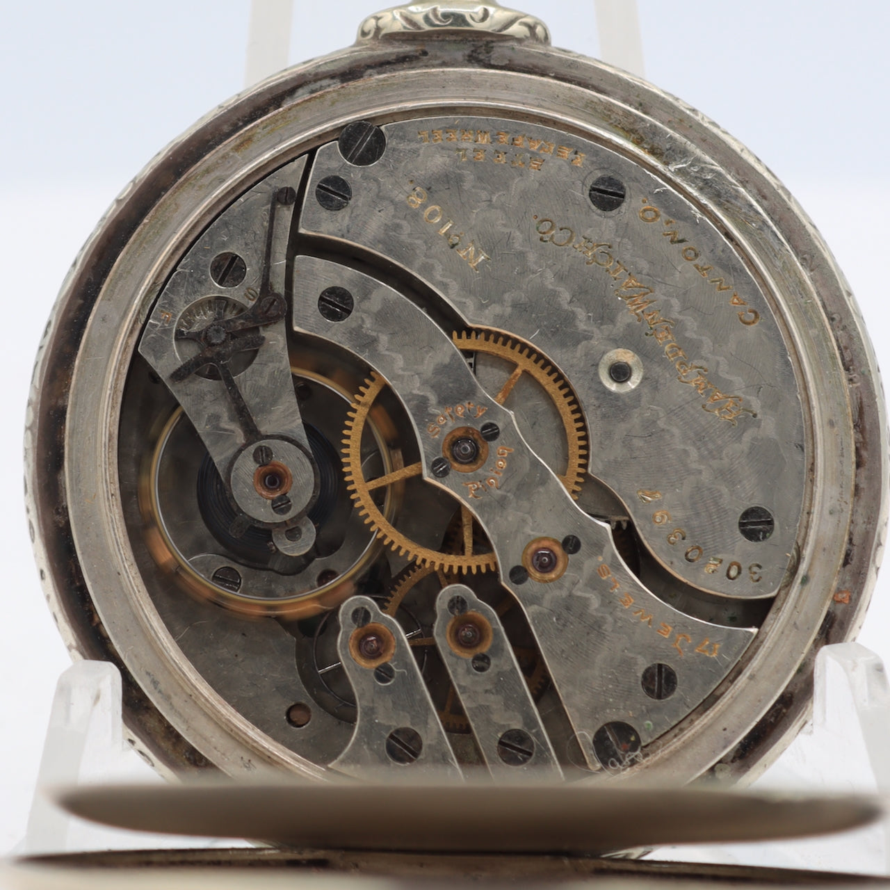 Antique 16s 1912 Hampden Repousse 17 Jewel Pocket Watch 108 Nickel USA