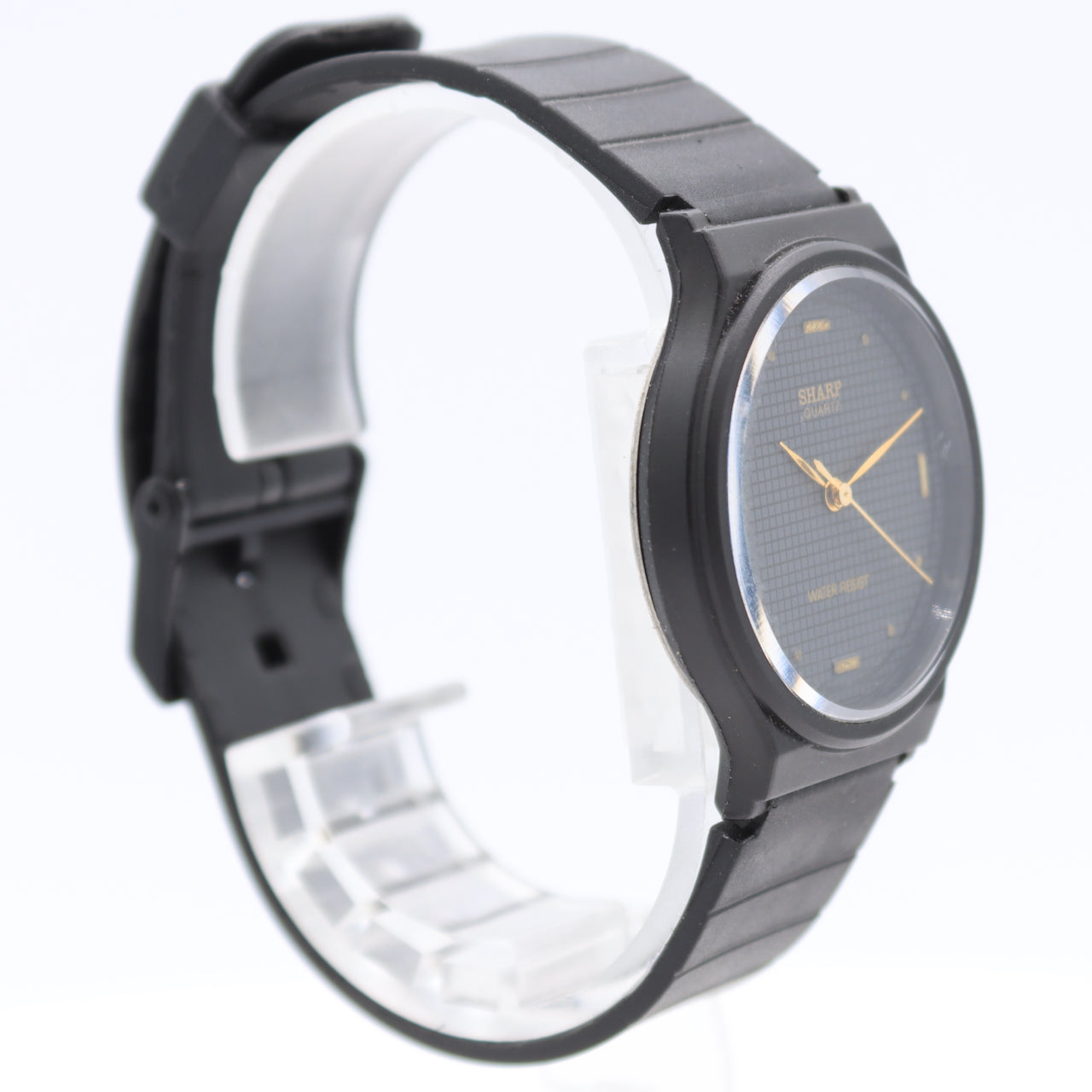 Vintage 34mm Sharp Black Dial Men's Quartz Wristwatch Japan PVD Coated Runs
