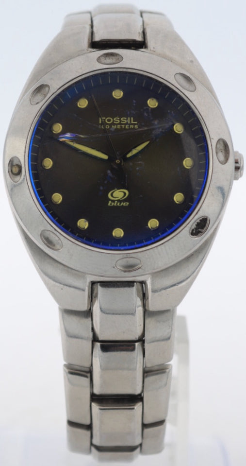 Vintage Fossil AM 3390 Blue 100m Men's Quartz Wristwatch Stainless Steel