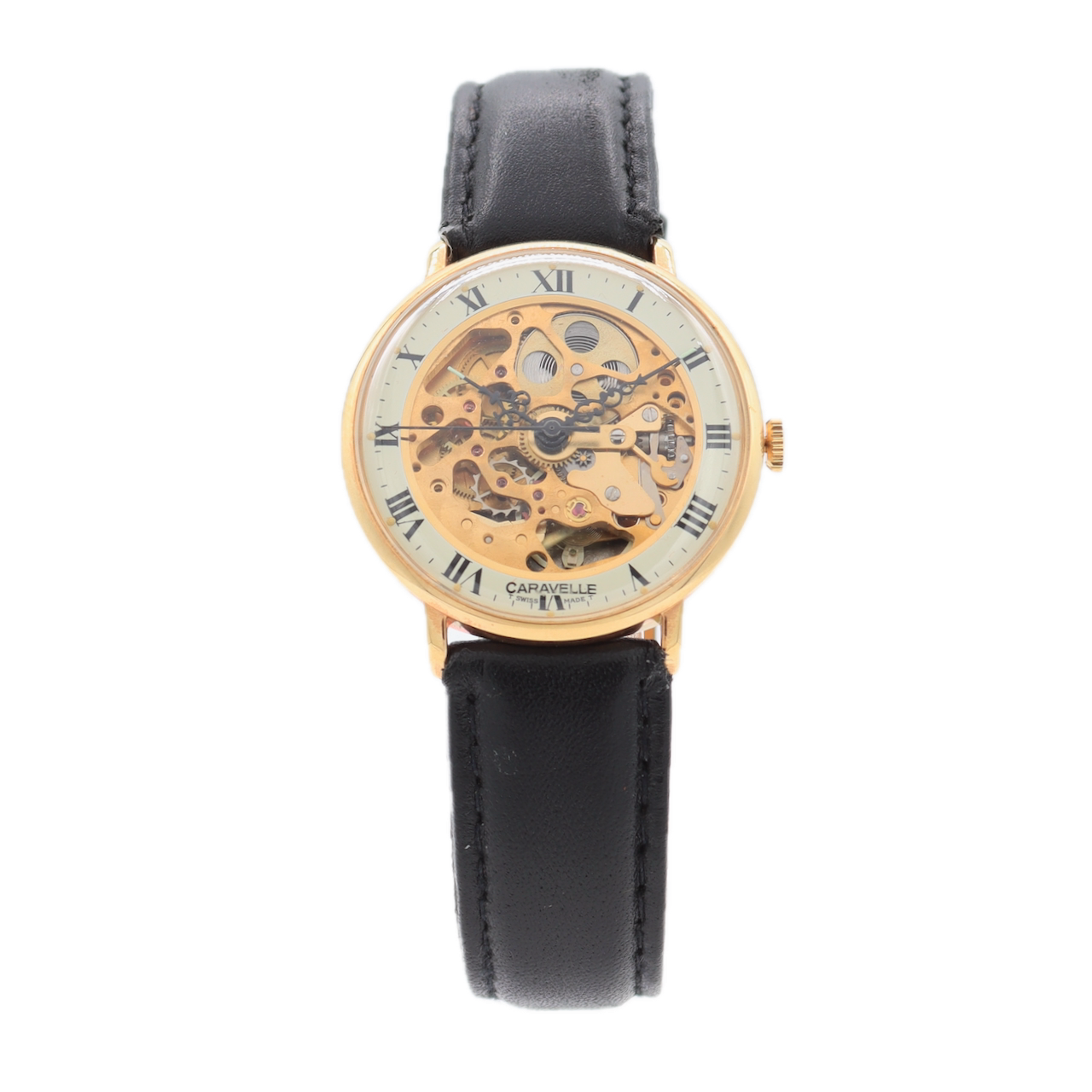 Vintage 34mm Caravelle 8225 Skeleton Dial Men's Wristwatch 1241.50 Gold Tone