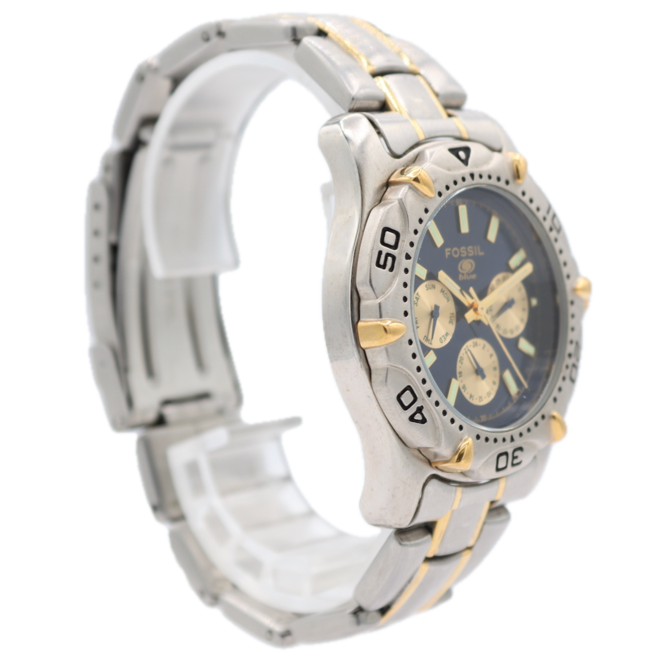 38mm Fossil BQ-9005 Blue Day Date Men's Quartz Wristwatch Japan Two Tone 10 ATM