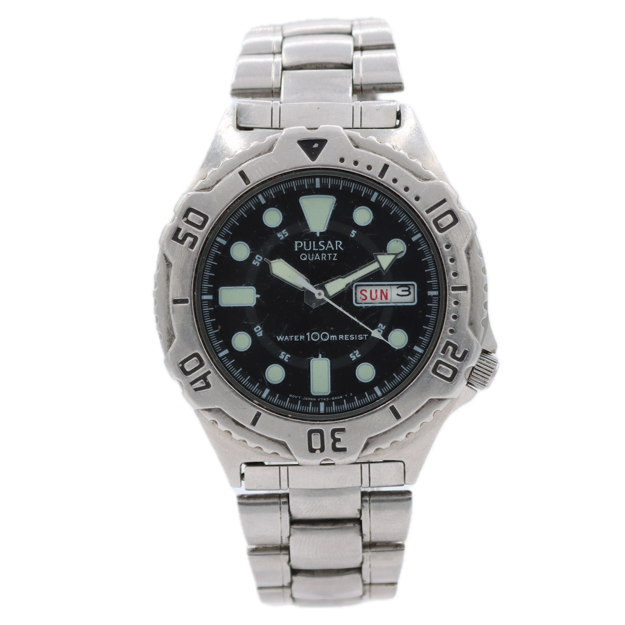 41mm Pulsar V743-6A00 Day Date Men's Quartz Wristwatch Japan Stainless Steel