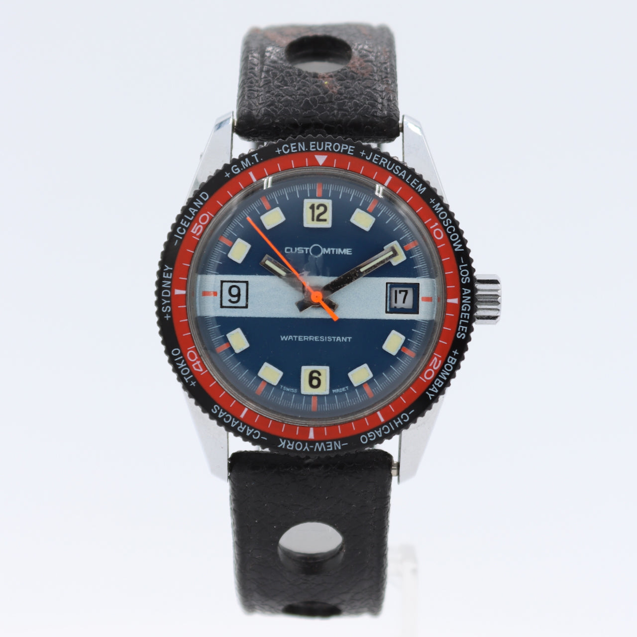 Vintage CustOmtime World Time Men's Wristwatch Swiss Chrome Plated Diver Style