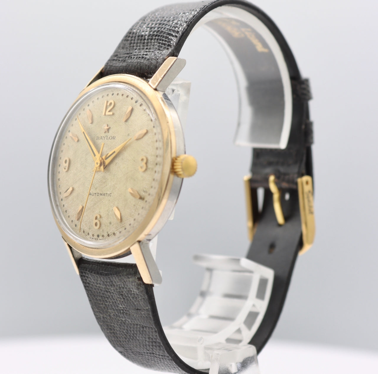 Vintage 34mm Baylor Linen Dial Men's Automatic Wristwatch Swiss Gold Capped