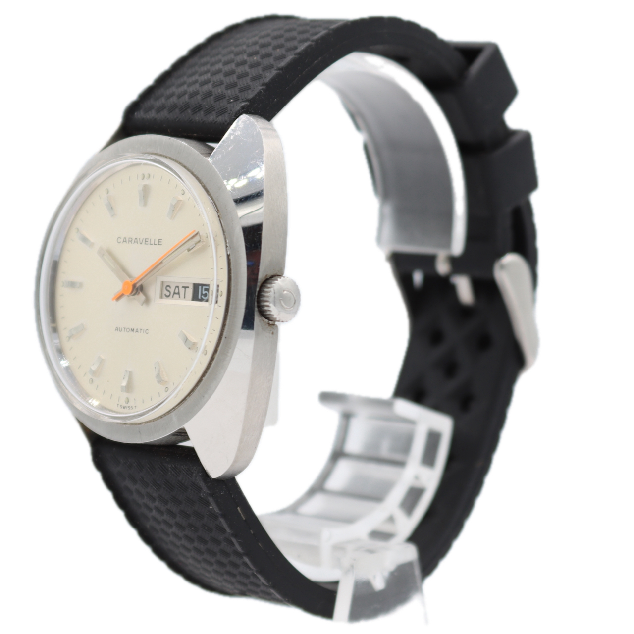 Vintage 1970 Caravelle Cream Dial Men's Automatic Wristwatch Steel Day Date