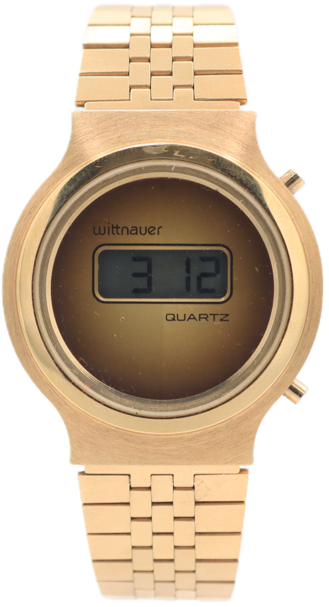 Vintage Wittnauer Yellow Hourglass Dial Men's LCD Wristwatch Gold Tonew/Box
