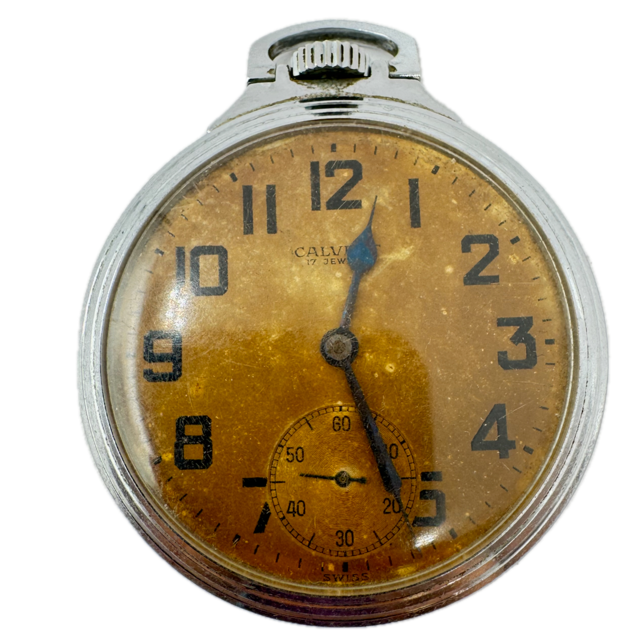 Antique 51mm Calvert 17 Jewel Mechanical Pocket Watch Unitas 231 Chrome Plated
