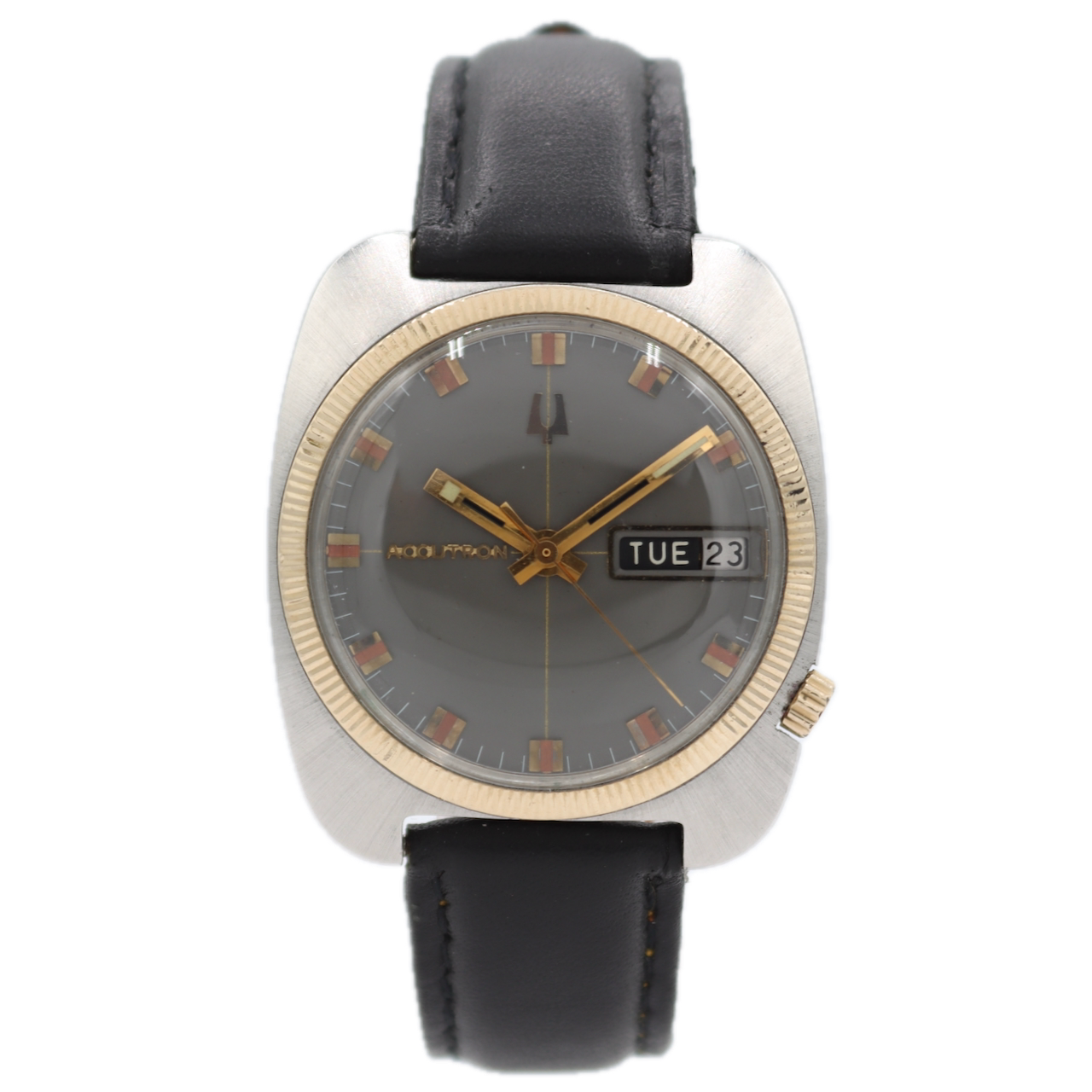 Vintage 1971 Accutron Day Date Men's Tuning Fork Wristwatch USA Steel & 10k GF