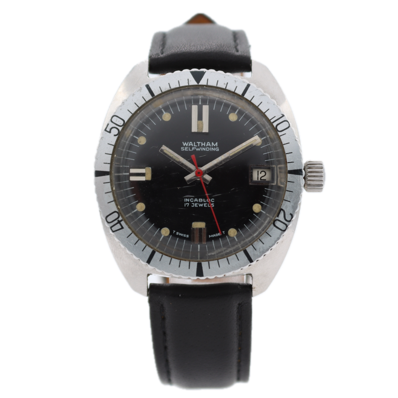 Vintage Waltham B339 Diver Style Men's Automatic Wristwatch Font 90-5 Steel Runs