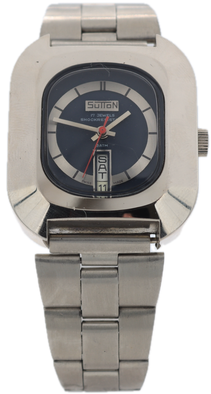 Vintage Sutton Jumbo Blue Day Date Men's Mechanical Wristwatch 582 Swiss